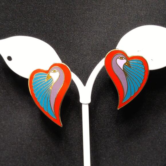 Laurel Burch "Dove Heart" Post Earrings, Gold Plated, 1980s Vintage Jewelry - Picture 8 of 10